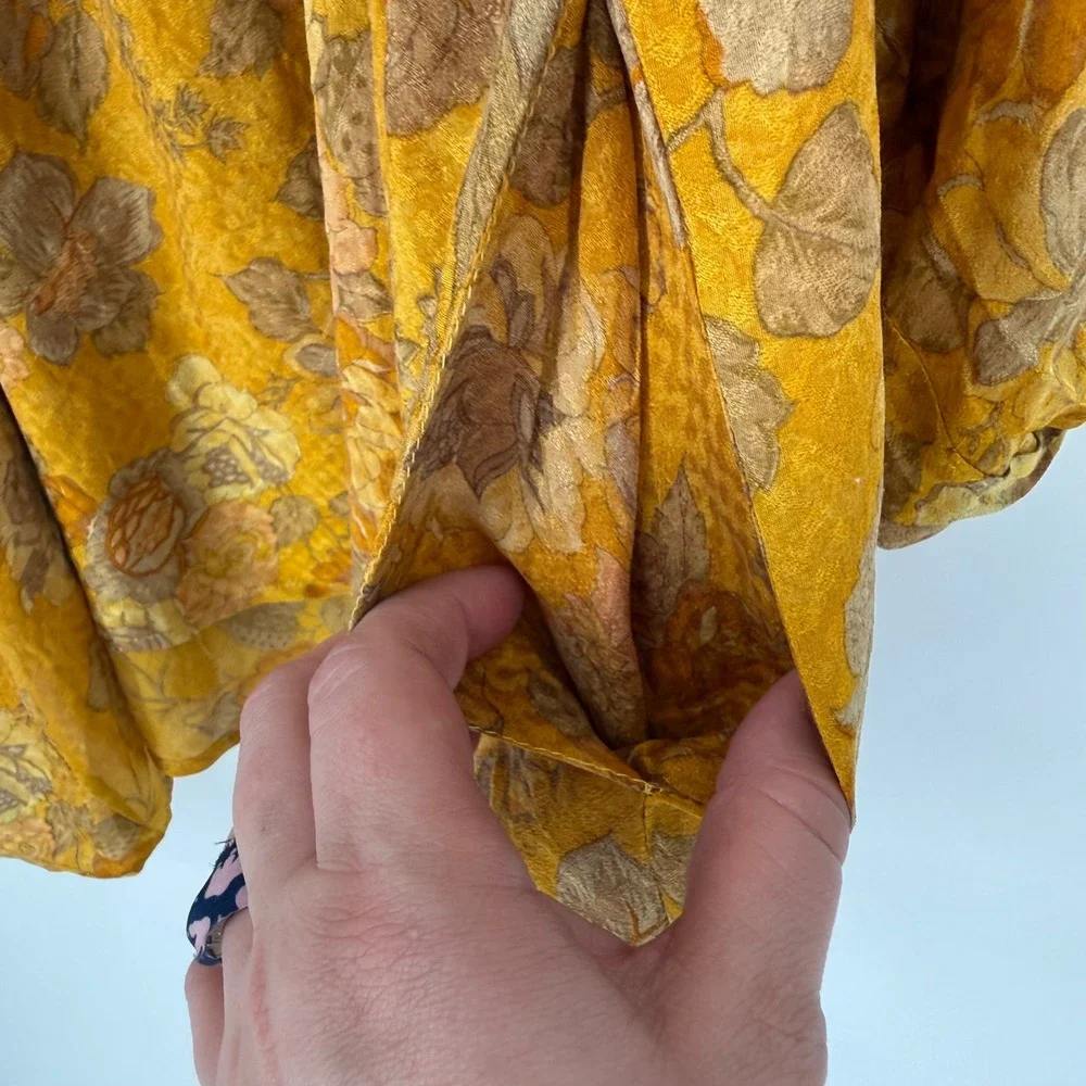 SISSEL EDELBO 100% SILK ONE SIZE MINI DRESS GOLDEN FLORAL OVERSIZED BOHO FAIRY‎